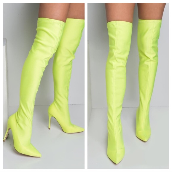 neon yellow thigh high boots